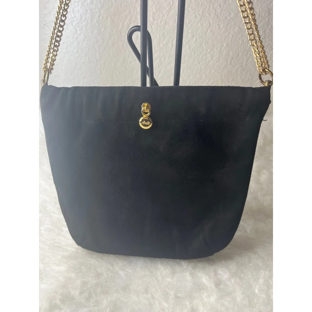 Vintage Ande 1960’s Black Suede Evening Bag Gold Double/Single Chain